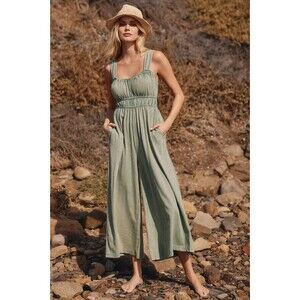 Anthropologie Light Sage Wide-Leg Linen Jumpsuit